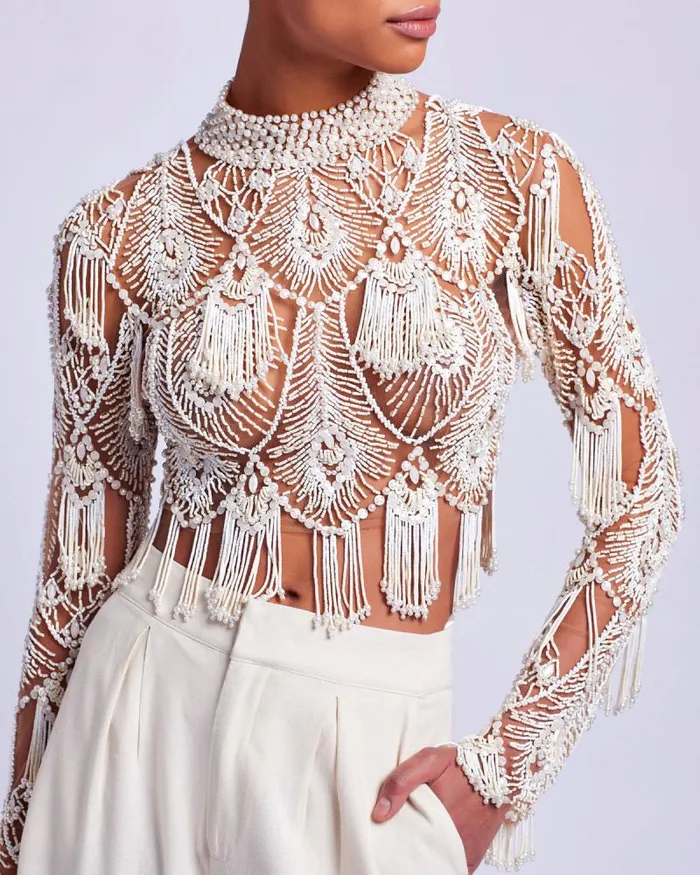Women Tops and Bodysuits PatBO HandBeaded High Neck Top EXCLUSIVE White