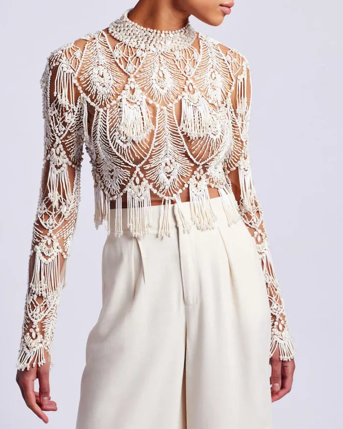 Women Tops and Bodysuits PatBO HandBeaded High Neck Top EXCLUSIVE White