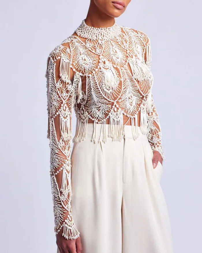 Women Tops and Bodysuits PatBO HandBeaded High Neck Top EXCLUSIVE White
