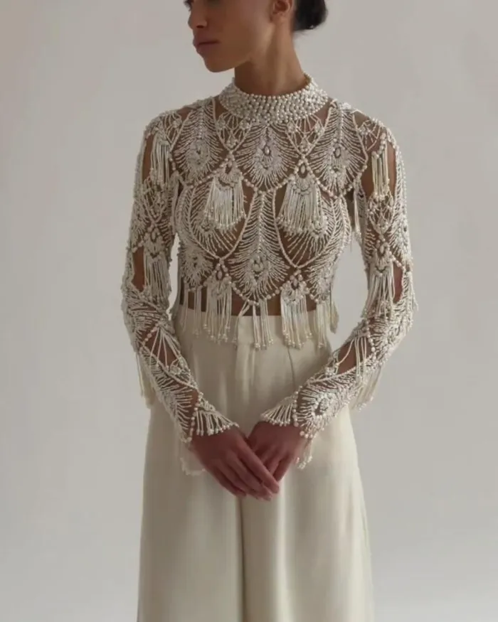 Women Tops and Bodysuits PatBO HandBeaded High Neck Top EXCLUSIVE White