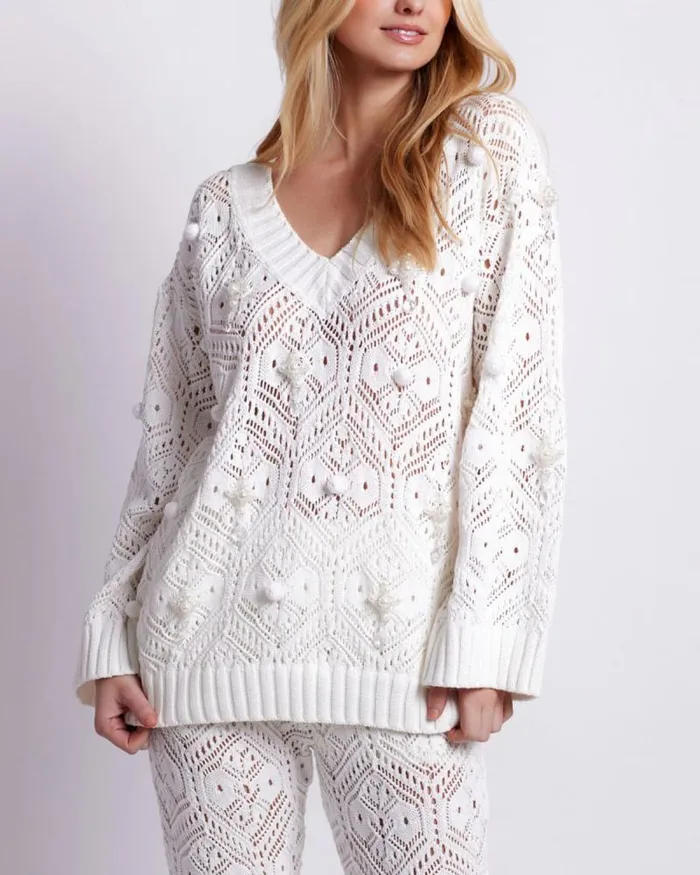 Women Tops and Bodysuits PatBO HandBeaded Knit Tunic White