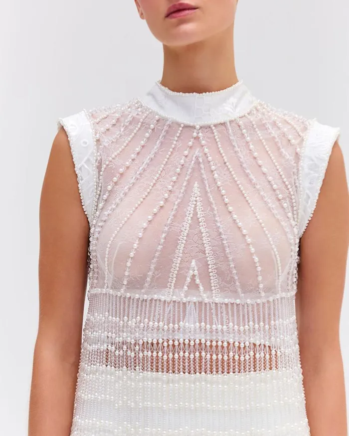 Women Tops and Bodysuits PatBO HANDBEADED LACE TOP EXCLUSIVE White