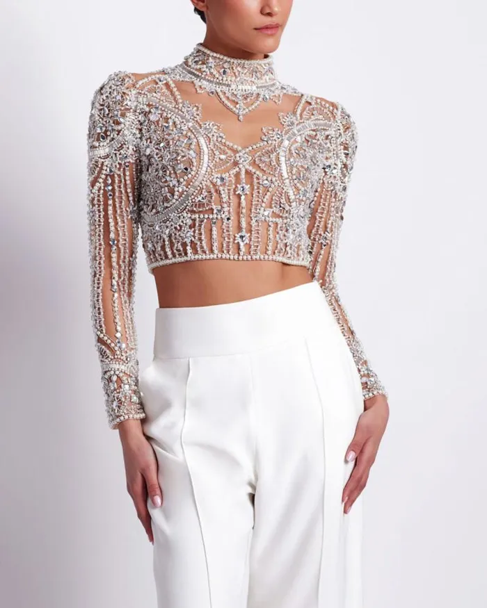 Women Tops and Bodysuits PatBO HAND BEADED TULLE CROPPED TOP EXCLUSIVE Gold