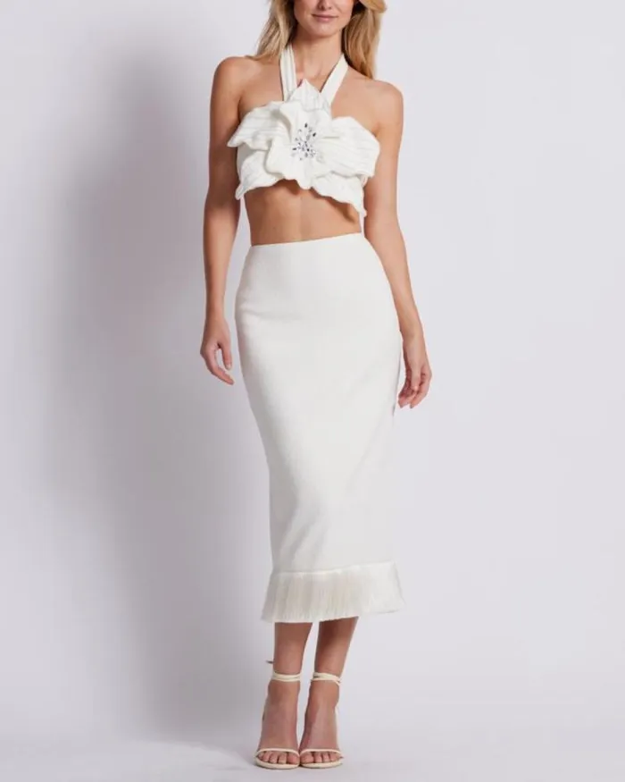Women Tops and Bodysuits PatBO Orchid Flower Top FINAL SALE Ivory