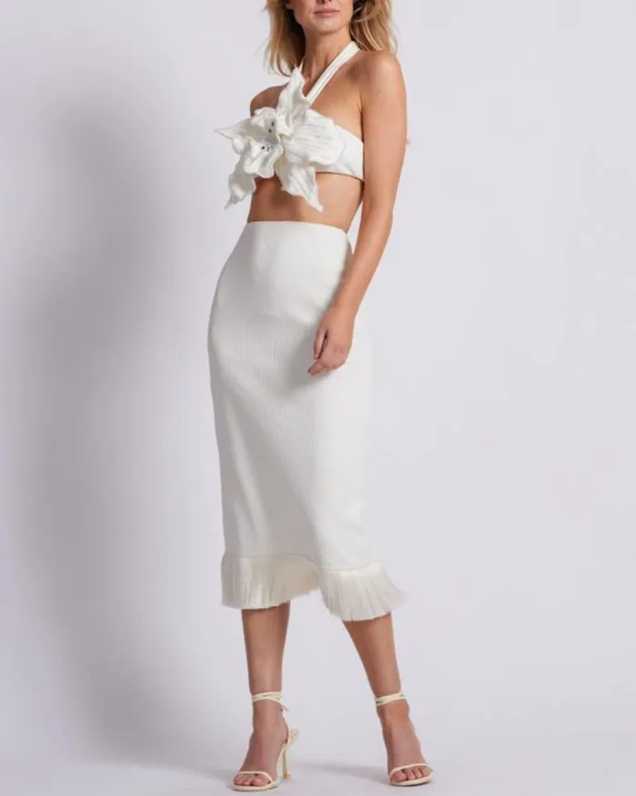 Women Tops and Bodysuits PatBO Orchid Flower Top FINAL SALE Ivory