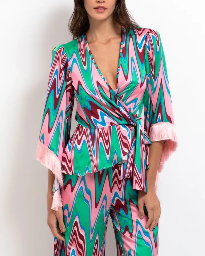 Women Tops and Bodysuits PatBO Wave Fringe Trim Wrap Top EXCLUSIVEFINAL SALE Green Multi