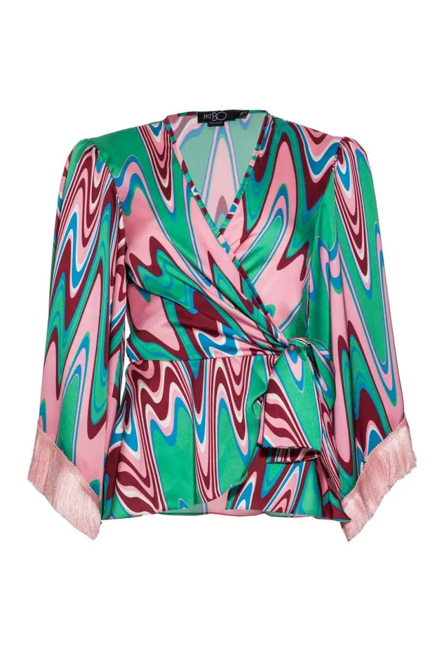 Women Tops and Bodysuits PatBO Wave Fringe Trim Wrap Top EXCLUSIVEFINAL SALE Green Multi