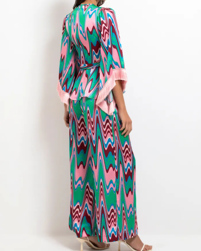 Women Tops and Bodysuits PatBO Wave Fringe Trim Wrap Top EXCLUSIVEFINAL SALE Green Multi