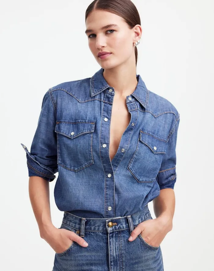 Women Tops and Shirts Madewell Alexa Chung For Madewell Denim Western Shirt In Vintage Wash Belding Wash Women Tops and Shirts Madewell Alexa Chung For Madewell Denim Western Shirt In Vintage Wash Belding Wash