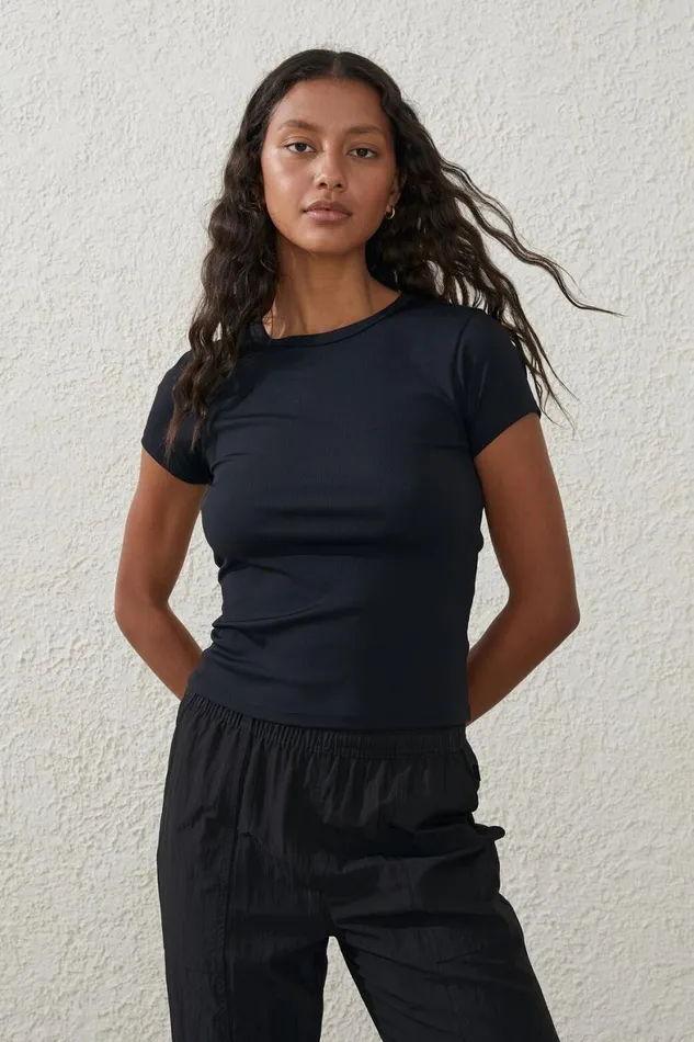 Women Tops Cotton On Active Rib Gym Tshirt Black