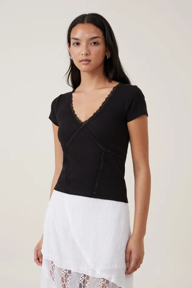 Women Tops Cotton On Daisy Lace Trim Tee Black