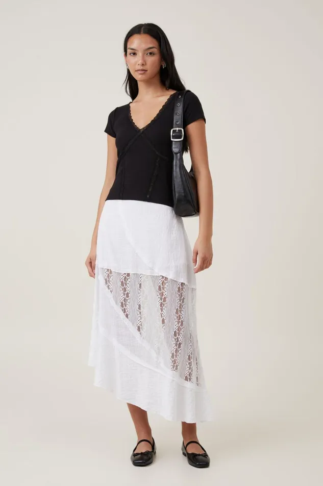 Women Tops Cotton On Daisy Lace Trim Tee Black