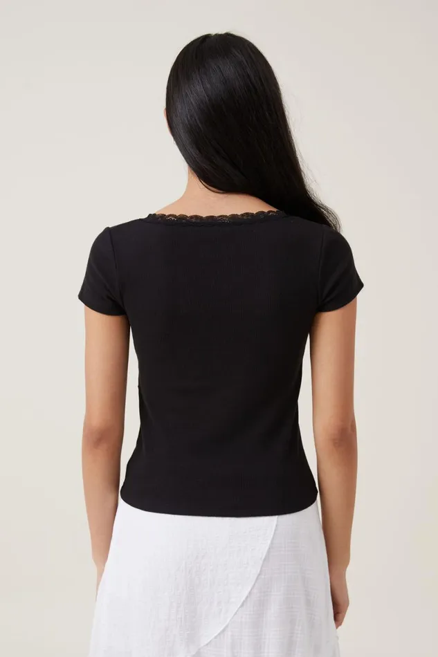 Women Tops Cotton On Daisy Lace Trim Tee Black