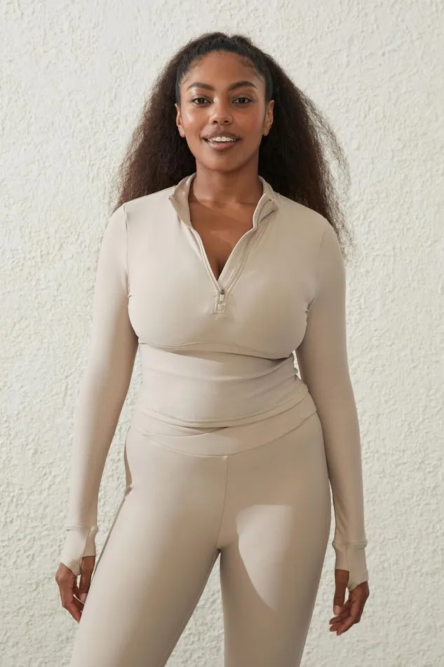 Women Tops Cotton On Fleece Lined Half Zip Long Sleeve White Pepper