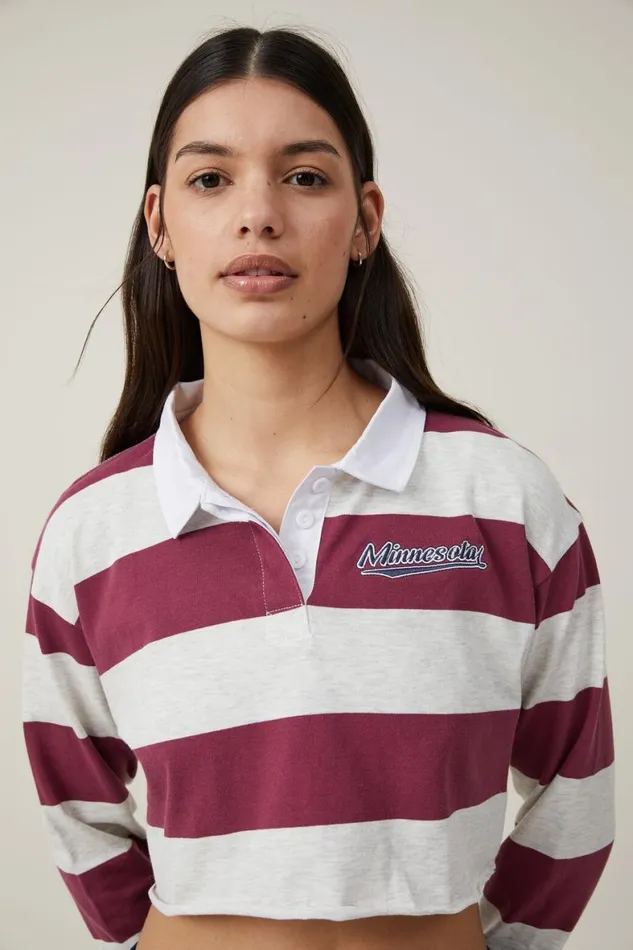 Women Tops Cotton On Long Sleeve Crop Graphic Rugby Tee Minnesota Stripedark Plumlight Grey Marle