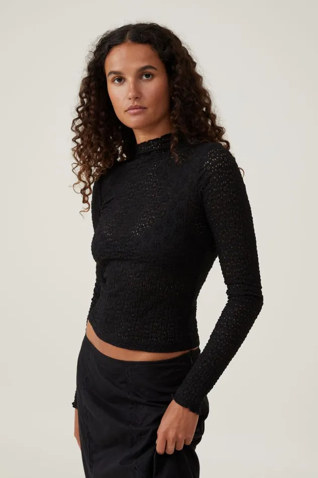 Women Tops Cotton On Luna Textured Mock Neck Long Sleeve Top Black
