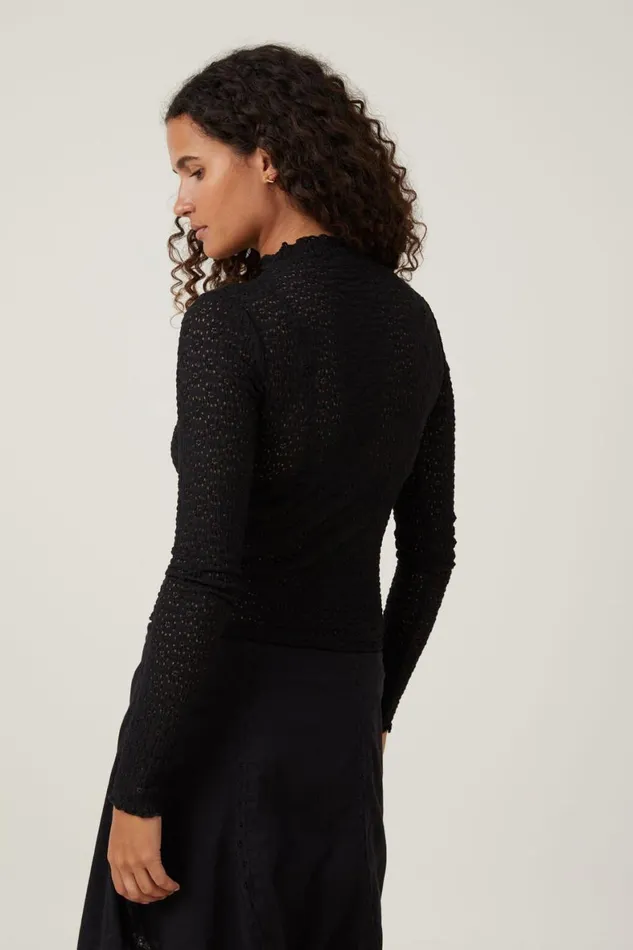 Women Tops Cotton On Luna Textured Mock Neck Long Sleeve Top Black