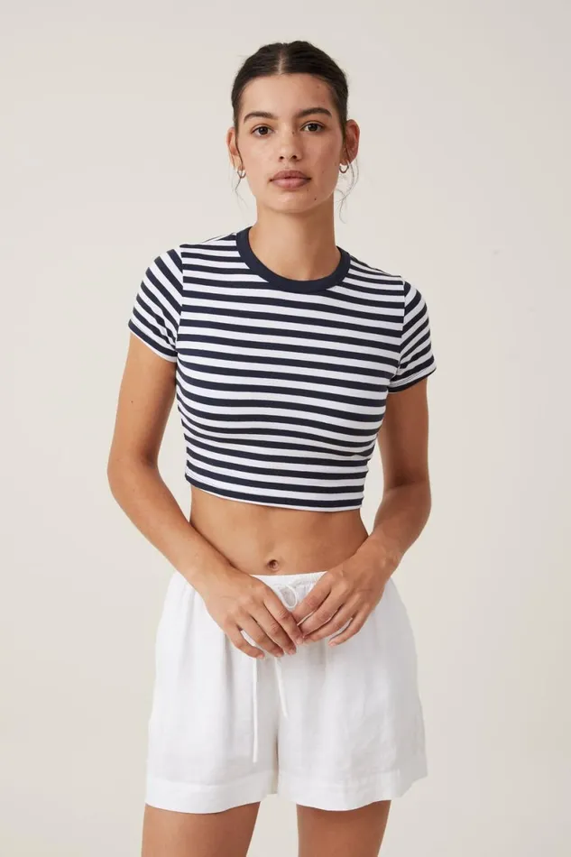 Women Tops Cotton On Micro Crop Tee Cara Stripe Whiteink Navy