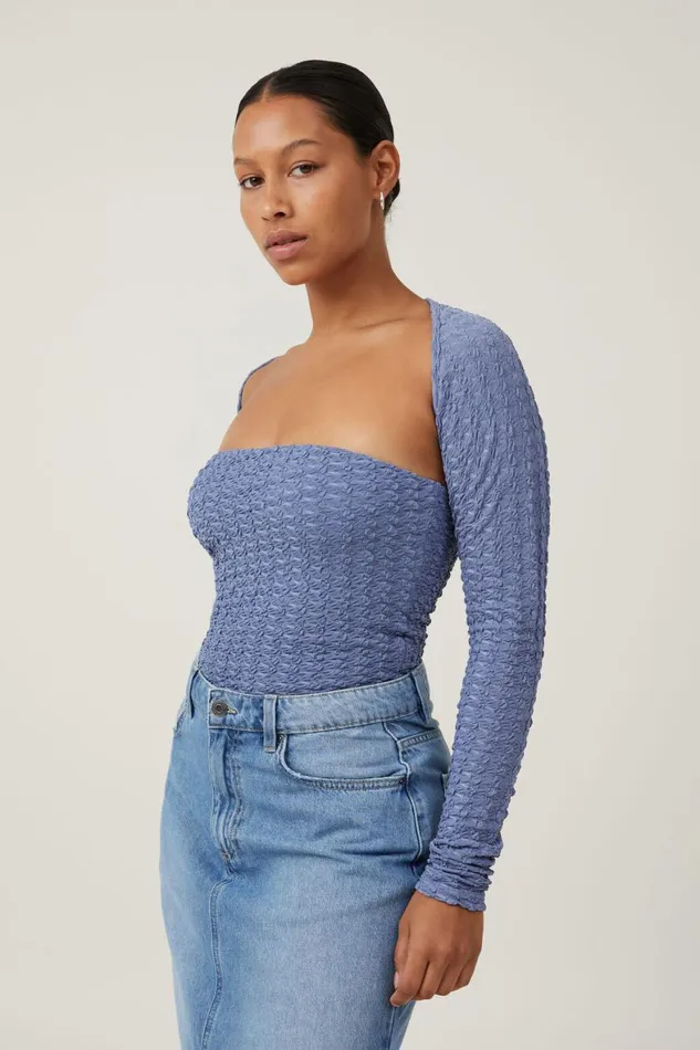 Women Tops Cotton On Nova Textured Long Sleeve Shrug Elemental Blue