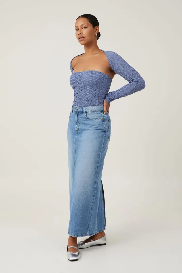 Women Tops Cotton On Nova Textured Long Sleeve Shrug Elemental Blue