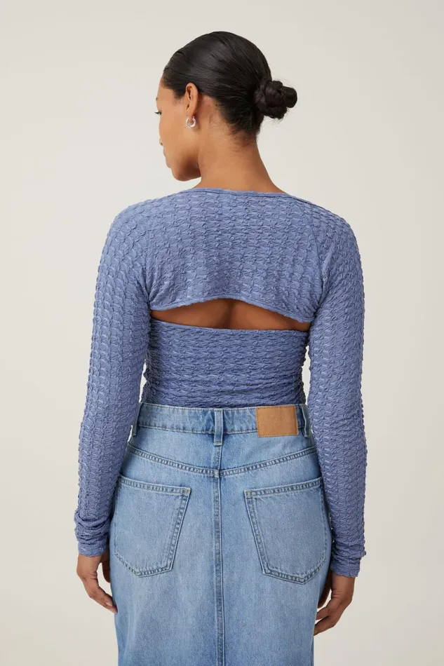 Women Tops Cotton On Nova Textured Long Sleeve Shrug Elemental Blue