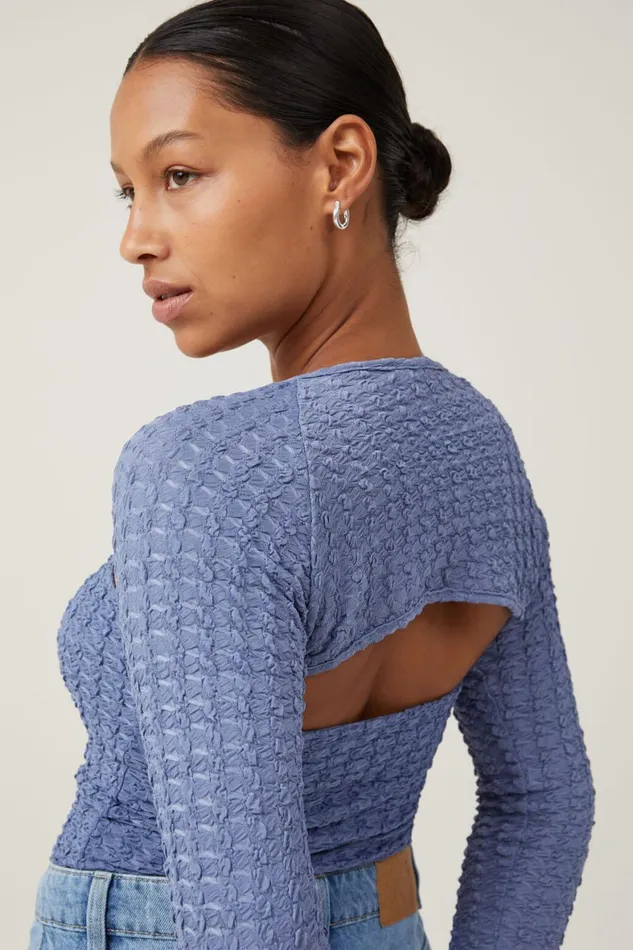 Women Tops Cotton On Nova Textured Long Sleeve Shrug Elemental Blue