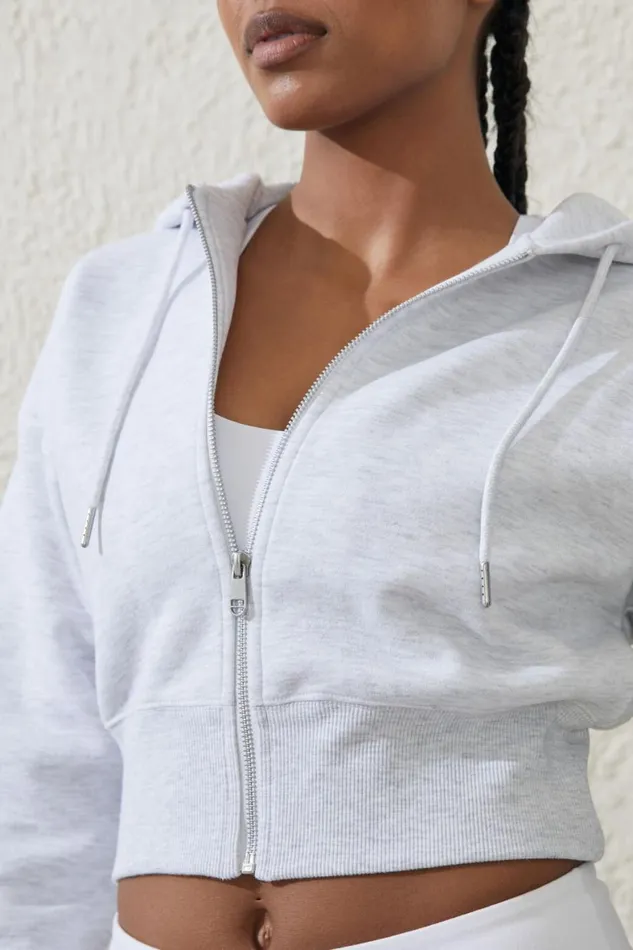 Women Tops Cotton On Plush Essential Cropped Zip Through Core Cloudy Grey Marle