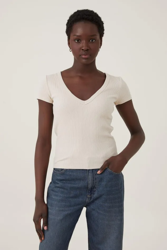 Women Tops Cotton On Rory V Neck Short Sleeve Tee Stone