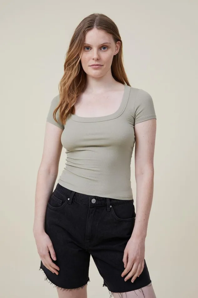 Women Tops Cotton On Staple Rib Scoop Neck Short Sleeve Top Desert Sage