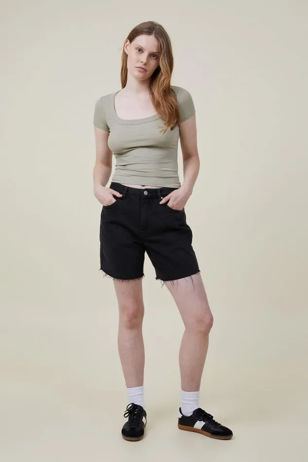 Women Tops Cotton On Staple Rib Scoop Neck Short Sleeve Top Desert Sage
