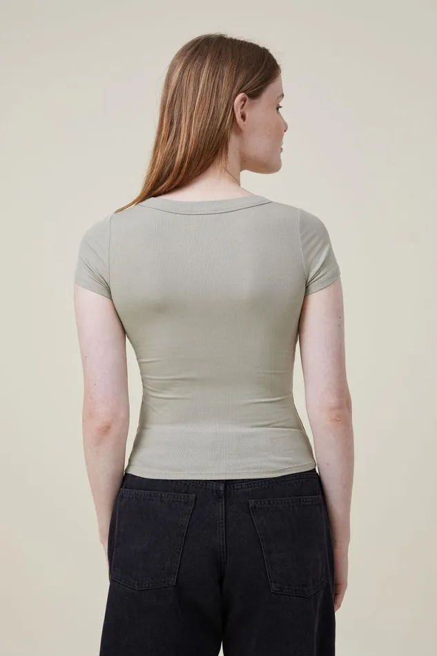 Women Tops Cotton On Staple Rib Scoop Neck Short Sleeve Top Desert Sage