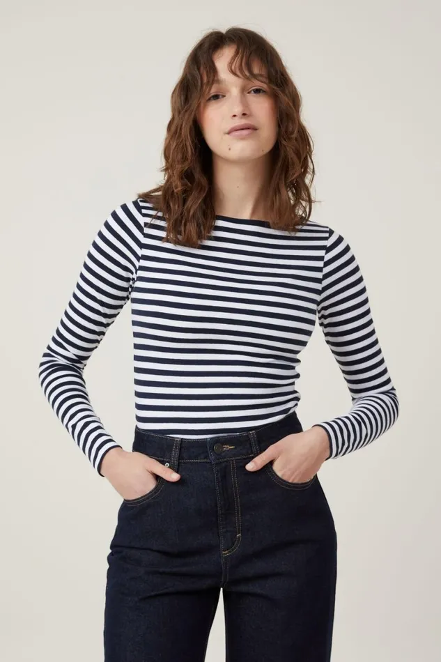 Women Tops Cotton On The One Basic Boat Neck Long Sleeve Top Cara Stripe Whiteink Navy