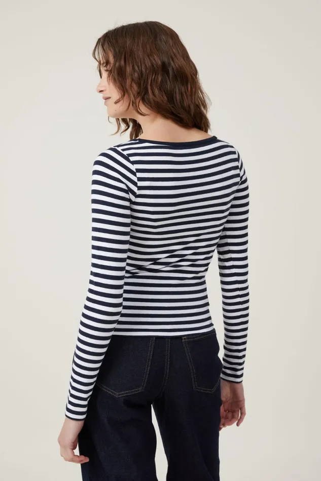 Women Tops Cotton On The One Basic Boat Neck Long Sleeve Top Cara Stripe Whiteink Navy