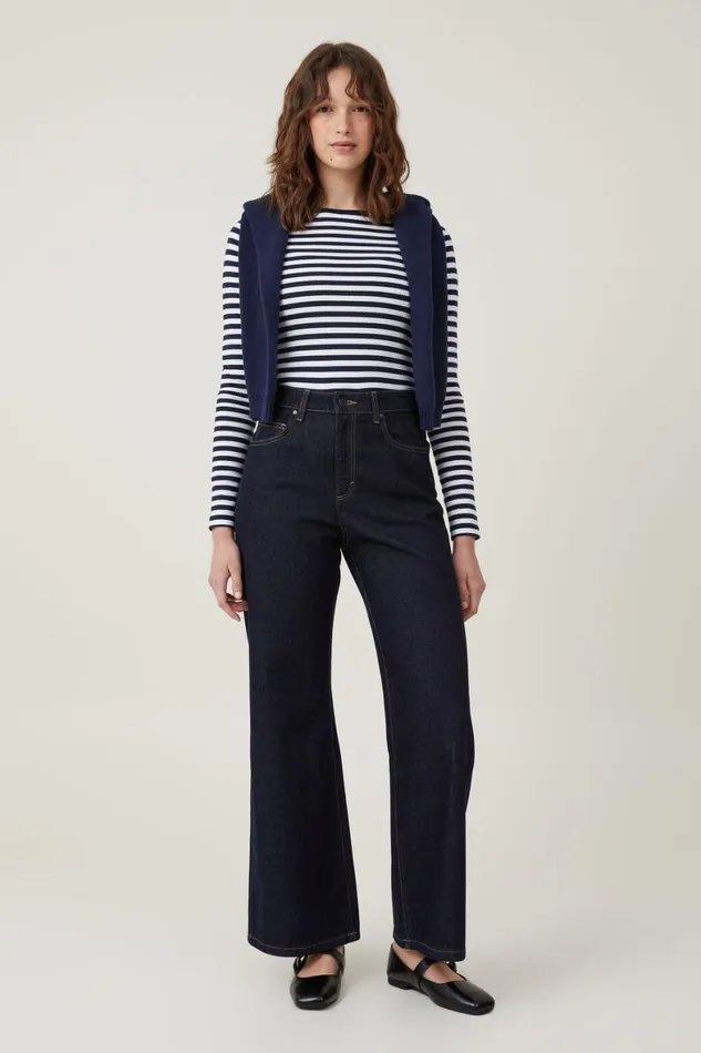 Women Tops Cotton On The One Basic Boat Neck Long Sleeve Top Cara Stripe Whiteink Navy