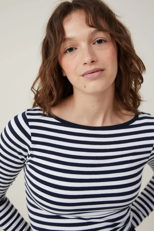 Women Tops Cotton On The One Basic Boat Neck Long Sleeve Top Cara Stripe Whiteink Navy