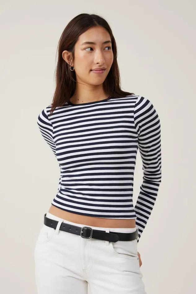 Women Tops Cotton On The One Basic Crew Neck Long Sleeve Top Cara Stripe Whiteink Navy