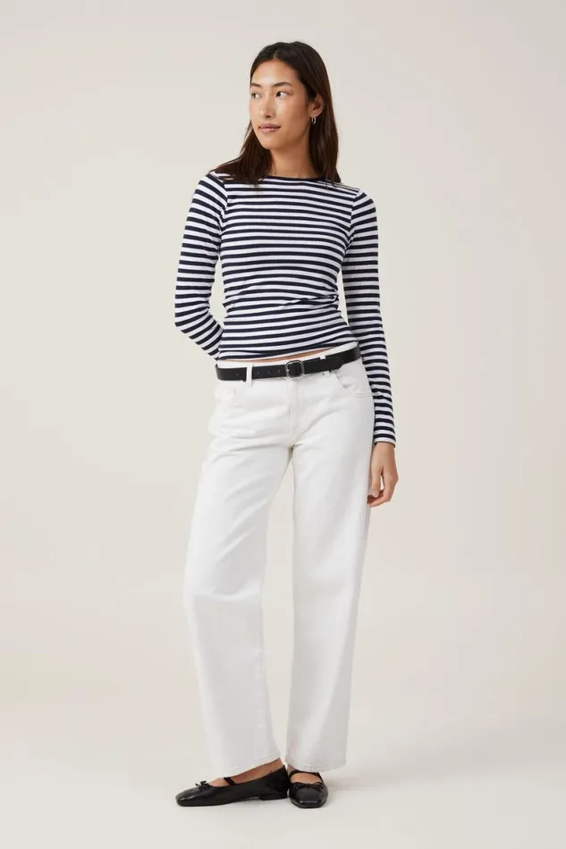 Women Tops Cotton On The One Basic Crew Neck Long Sleeve Top Cara Stripe Whiteink Navy
