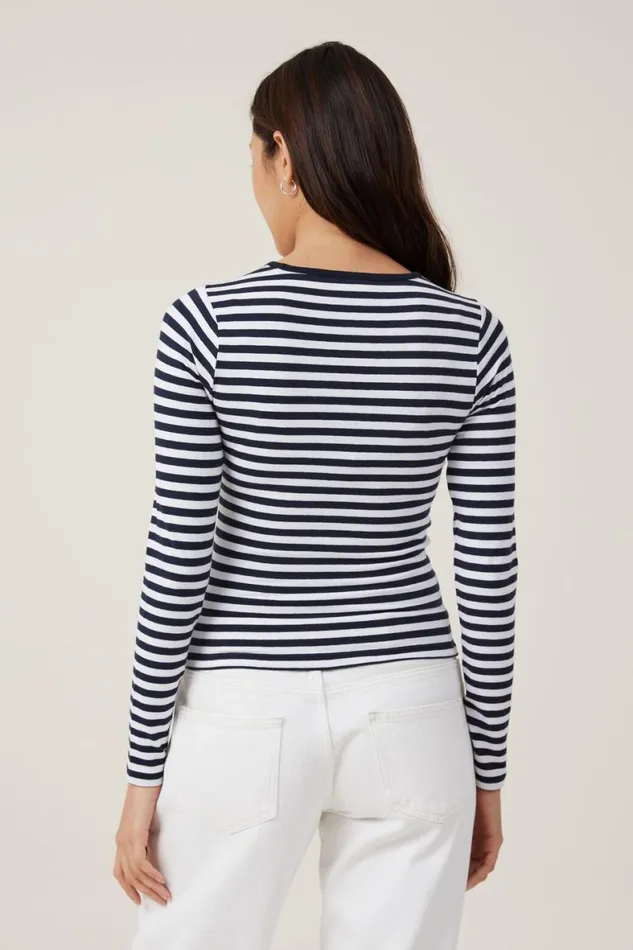 Women Tops Cotton On The One Basic Crew Neck Long Sleeve Top Cara Stripe Whiteink Navy