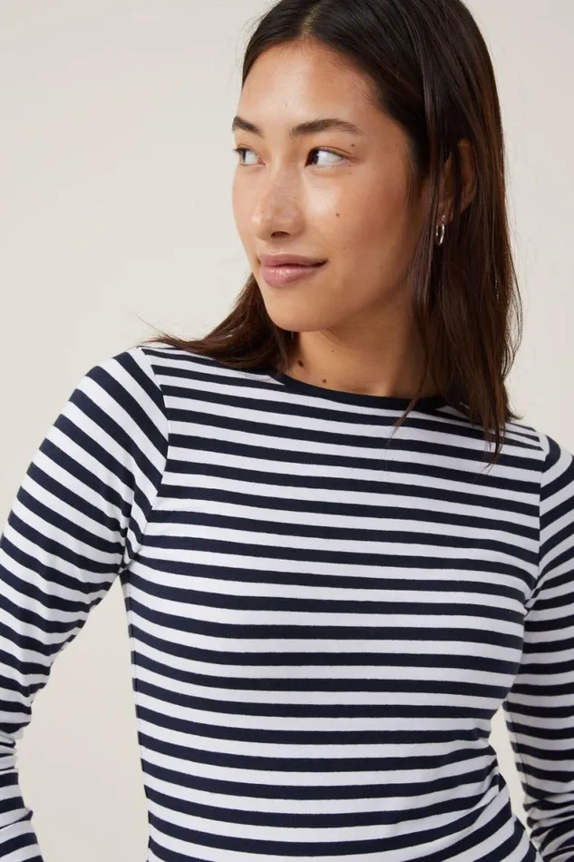 Women Tops Cotton On The One Basic Crew Neck Long Sleeve Top Cara Stripe Whiteink Navy