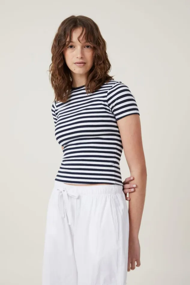 Women Tops Cotton On The One Basic Crew Neck Short Sleeve Cara Stripe Whiteink Navy