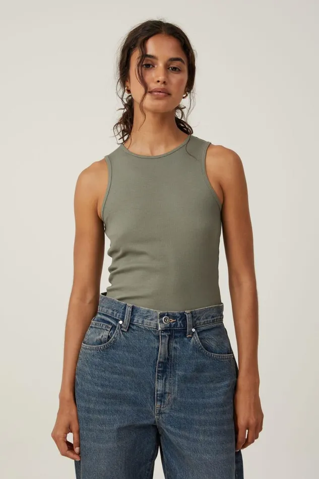 Women Tops Cotton On The One Organic Rib Racer Tank Woodland