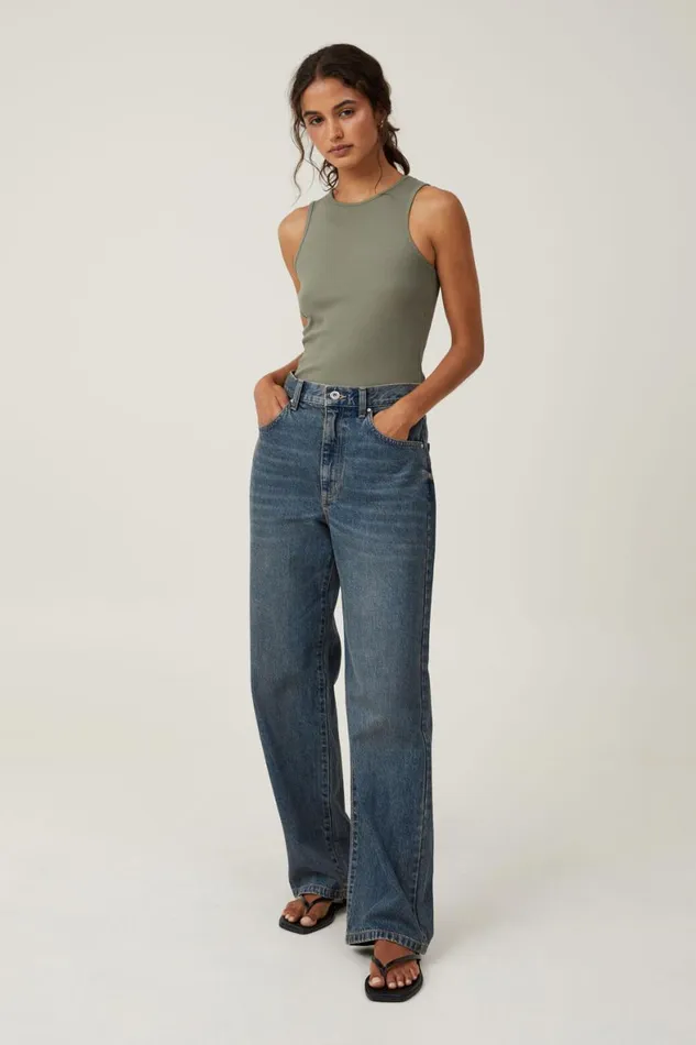 Women Tops Cotton On The One Organic Rib Racer Tank Woodland
