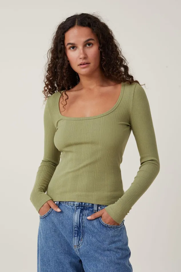 Women Tops Cotton On The One Organic Variegated Rib Scoop Long Sleeve Cool Khaki