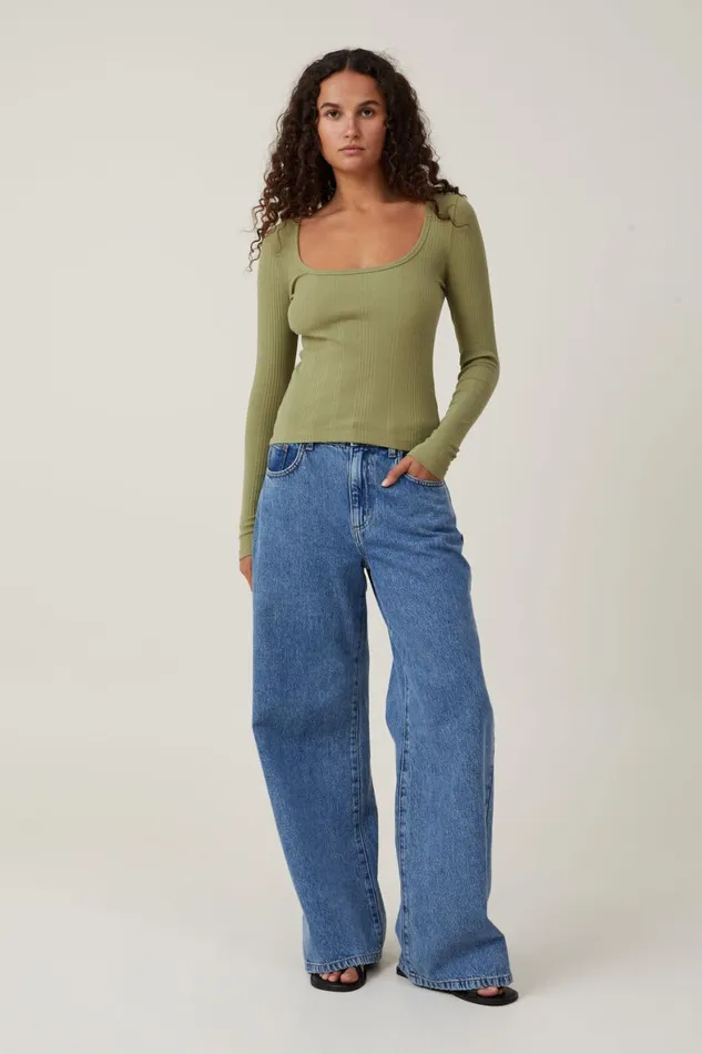 Women Tops Cotton On The One Organic Variegated Rib Scoop Long Sleeve Cool Khaki