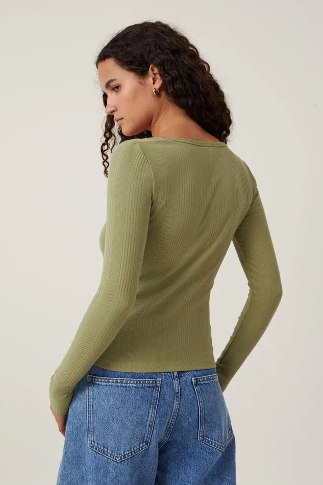 Women Tops Cotton On The One Organic Variegated Rib Scoop Long Sleeve Cool Khaki