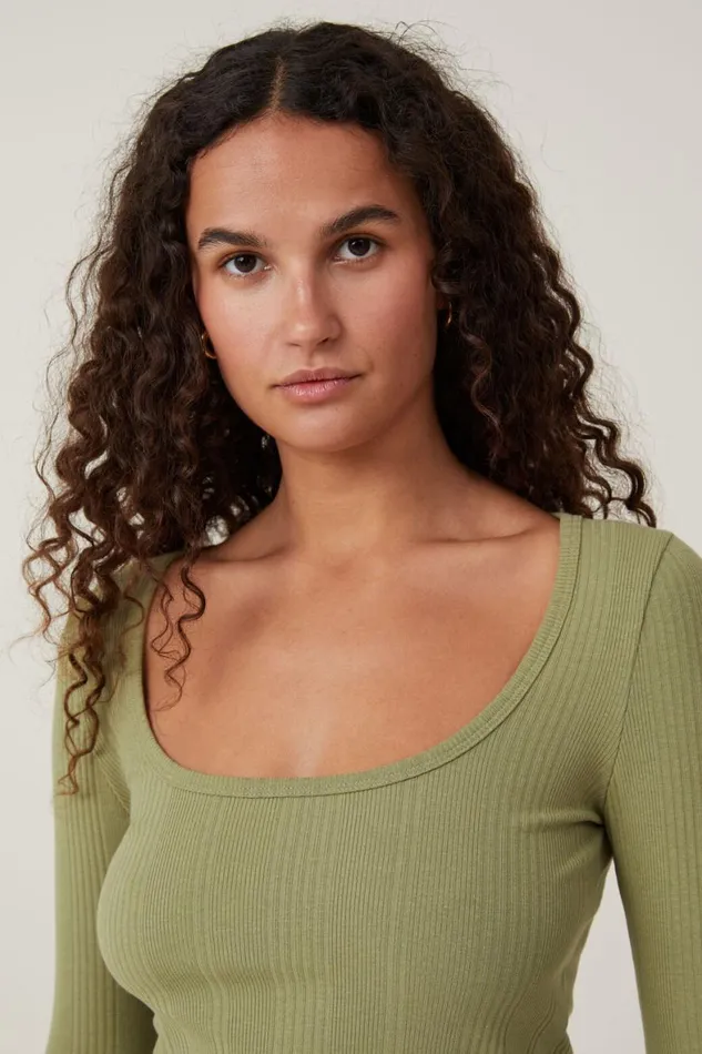 Women Tops Cotton On The One Organic Variegated Rib Scoop Long Sleeve Cool Khaki