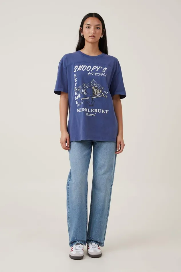 Women Tops Cotton On The Oversized Yoke Detail Tee Lcn Pea Snoopy Peanuts Ski School Vintage Na
