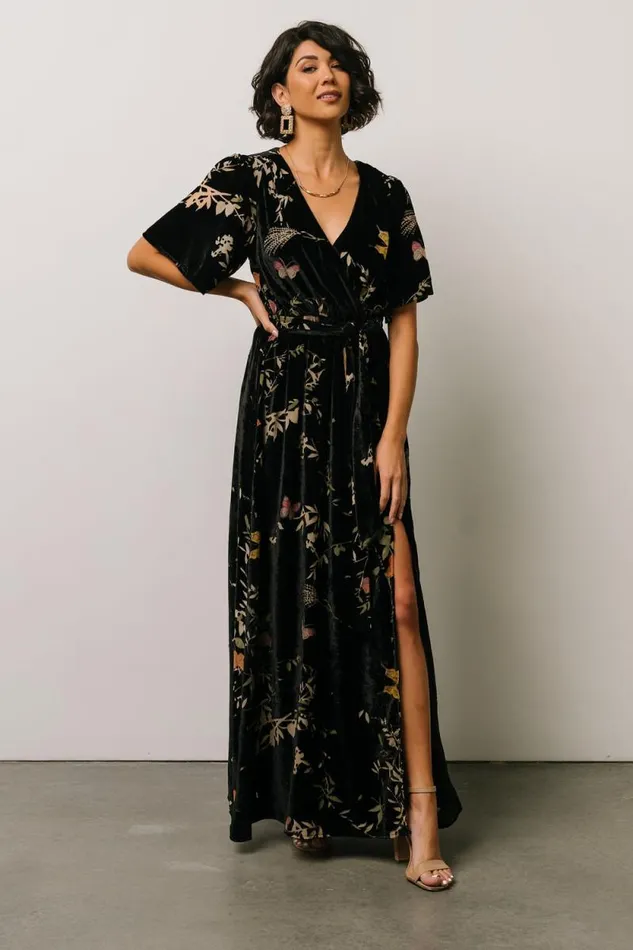 Women Uma Velvet Maxi Dress Black Butterfly Print Baltic Born Bump Friendly