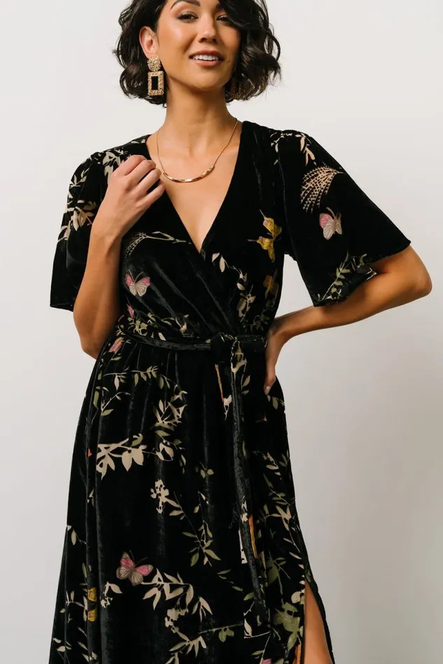 Women Uma Velvet Maxi Dress Black Butterfly Print Baltic Born Bump Friendly Women Uma Velvet Maxi Dress Black Butterfly Print Baltic Born Bump Friendly