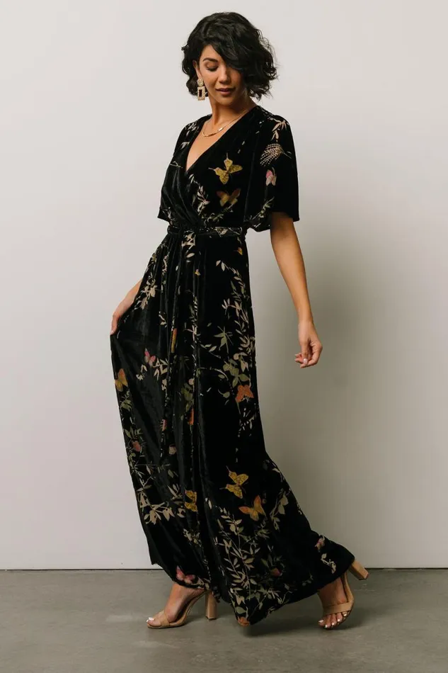 Women Uma Velvet Maxi Dress Black Butterfly Print Baltic Born Bump Friendly Women Uma Velvet Maxi Dress Black Butterfly Print Baltic Born Bump Friendly